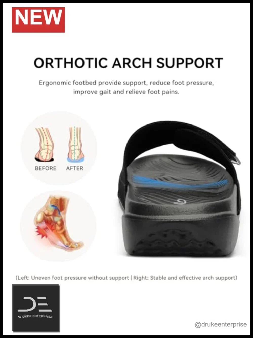 Men's Recovery Sandals with Arch Support Adjustable Straps